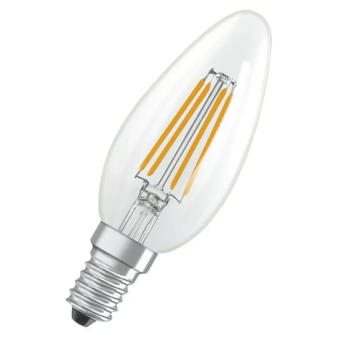 Ledvance Bombilla LED Classic B - E14, No regulable, Blanco cálido, 806 lm, 3,8 W - Primer plano de una bombilla LED transparente en forma de vela con base plateada y filamentos visibles.