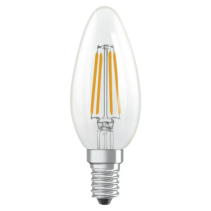 Ledvance Bombilla LED Classic B - E14, No regulable, Blanco cálido, 806 lm, 3,8 W - Primer plano de una bombilla de filamento LED con forma de vela con una bombilla de vidrio transparente y una base E14.