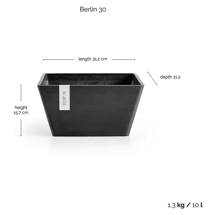 Ecopots Berlin Pflanzschale eckig - Außenmaß (L x B x H): 31,2 x 31 x 15,7 cm, Kunststoff, Dunkelgrau - Abbildung eines quadratischen Berlin 30 Pflanzgefäßes mit den Maßen Länge 31,2 cm, Tiefe 31,2 cm und Höhe 15,7 cm.