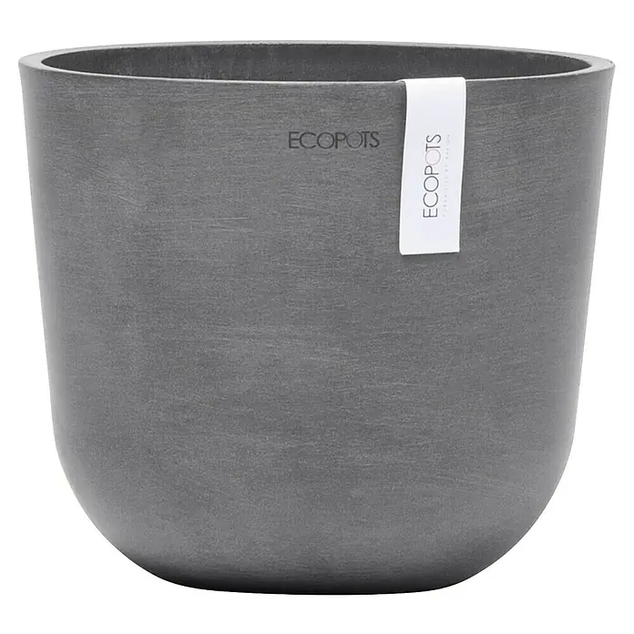 Ecopots Oslo Pflanztopf Mini - Außenmaß (Ø x H): 19 x 16,5 cm, Kunststoff, Grau - Grauer ECOPOTS Blumentopf mit abgerundeten Kanten und einem weißen Etikett. Perfekt für Pflanzen im Innen- und Außenbereich.