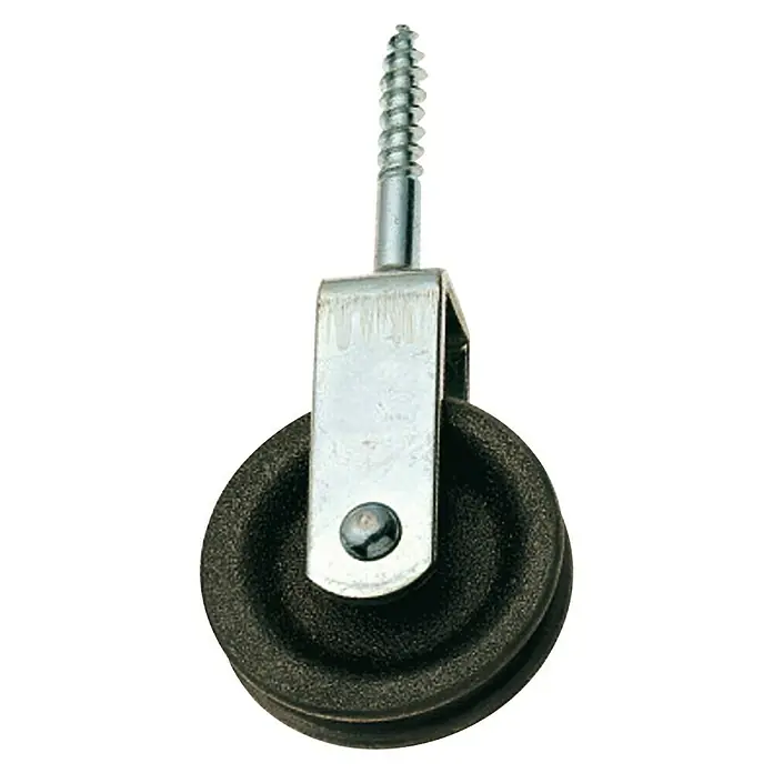 Stabilit Vogelrolle - Durchmesser: 30 mm, Für Seildurchmesser: 5 mm, Gusseisen - Nahaufnahme einer schwarzen Umlenkrolle mit Schraube zur Befestigung. Ideal für Seile im Innen- und Außenbereich geeignet.