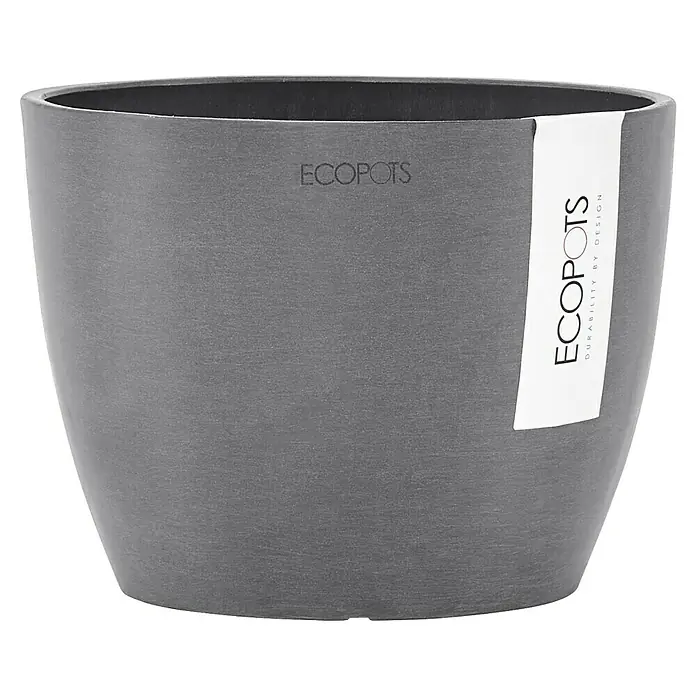 Ecopots Pflanztopf Stockholm - Außenmaß (Ø x H): 16,2 x 12 cm, Kunststoff, Grau - Grauer ECOPOTS Blumentopf mit dem Schriftzug "ECOPOTS DURABILITY BY DESIGN" auf einem weißen Aufkleber.