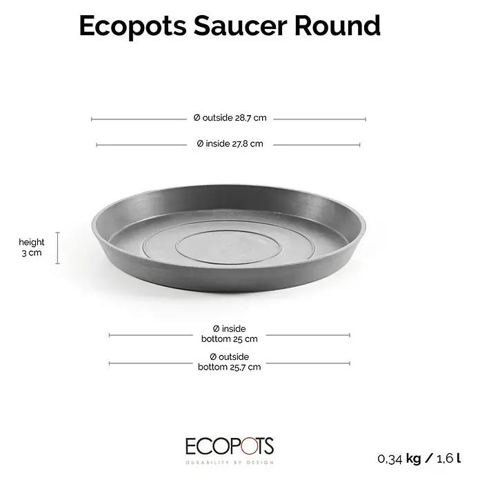 Ecopots Amsterdam Blumentopf-Untersetzer - Außenmaß (Ø x H): 27,8 x 3 cm, Kunststoff, Grau - Abbildung eines grauen, runden Untersetzers von Ecopots, ideal für den Innen- und Außenbereich, mit Größenangaben.