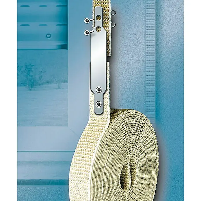 Schellenberg Gurtfix MiniLänge: 4,3 m, Gurtbreite: 14 mm, Grau - Detailaufnahme eines Rollladenbandaufwicklers mit einem aufgerollten Gurtband. Ideal für Reparaturen und Austausch defekter Teile.