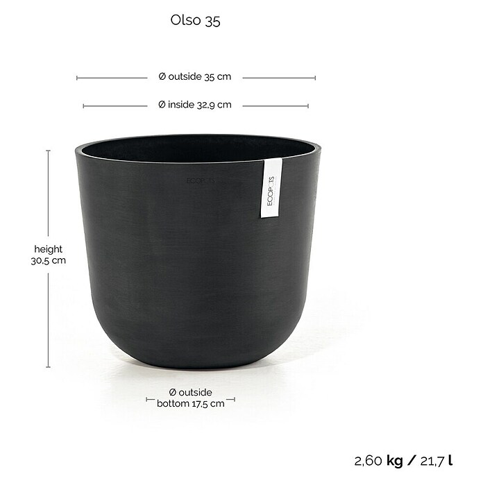 Ecopots Oslo Pflanztopf (Außenmaß (Ø x H): 35 x 30,5 cm, Kunststoff, Dunkelgrau) | BAUHAUS
