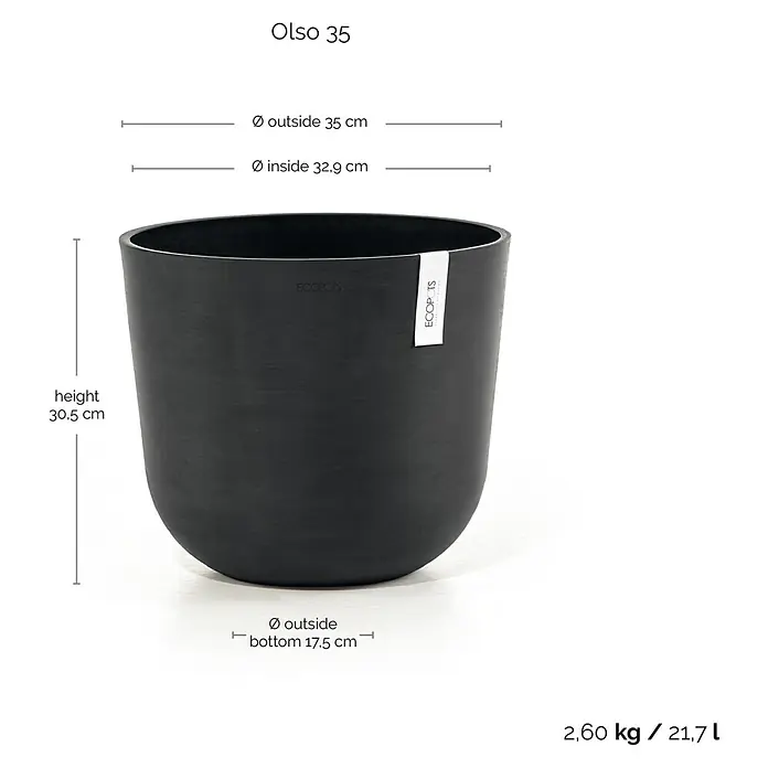 Ecopots Oslo Pflanztopf - Außenmaß (Ø x H): 35 x 30,5 cm, Kunststoff, Dunkelgrau - Schwarzer Pflanztopf "Olso 35" mit Größenangaben. Der Topf hat eine Höhe von 30,5 cm, einen Durchmesser von 35 cm und ein Volumen von 21,7 Litern.
