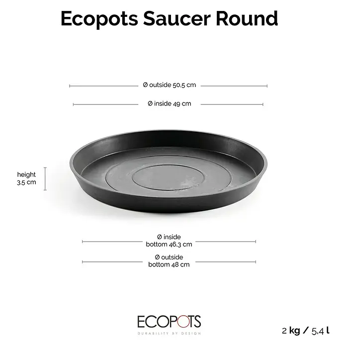 Ecopots Amsterdam Blumentopf-Untersetzer - Außenmaß (Ø x H): 49 x 3,5 cm, Kunststoff, Dunkelgrau - Nahaufnahme eines schwarzen, runden Untersetzers mit Maßangaben, ideal für Pflanzengefäße, um Wasser aufzufangen und Oberflächen zu schützen.