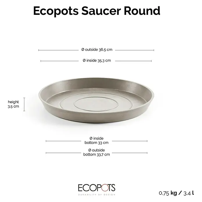 Ecopots Amsterdam Blumentopf-Untersetzer - Außenmaß (Ø x H): 35,5 x 3,5 cm, Kunststoff, Braungrau - Abbildung eines grauen, runden Untersetzers von Ecopots mit Größenangaben.