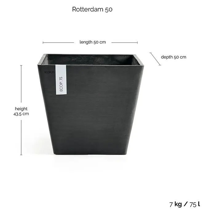 Ecopots Rotterdam Pflanzkasten - Außenmaß (L x B x H): 50 x 50 x 43,5 cm, Kunststoff, Dunkelgrau - Schwarzer viereckiger Pflanztopf "Rotterdam 50" von Ecopots mit den Maßen Länge 50cm, Tiefe 50cm und Höhe 43,5cm und einem Gewicht von 7kg und 75l Fassungsvermögen.