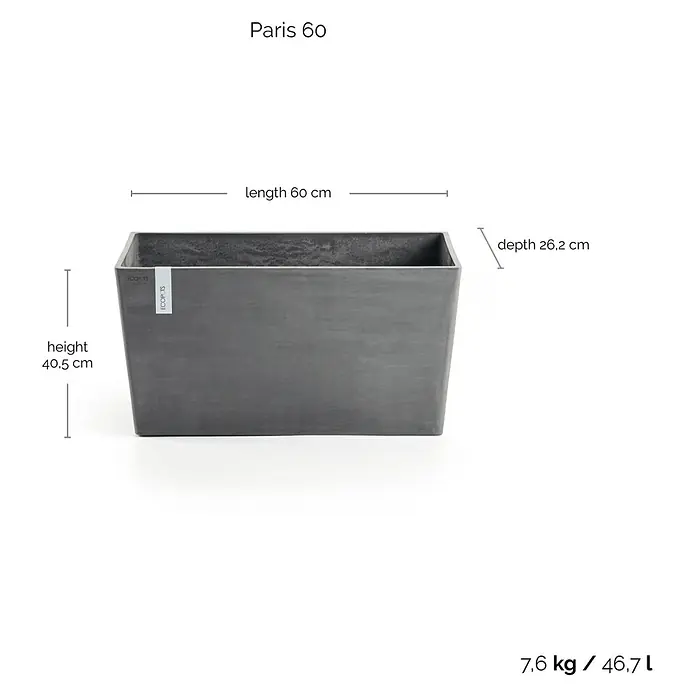 Ecopots Pflanzkasten Paris - Außenmaß (L x B x H): 60 x 26,2 x 40,5 cm, Kunststoff, Grau - Abbildung eines grauen Pflanzgefäßes Paris 60 von Ecopots mit den Maßen Länge 60cm, Tiefe 26,2cm und Höhe 40,5cm sowie Gewicht und Volumen.