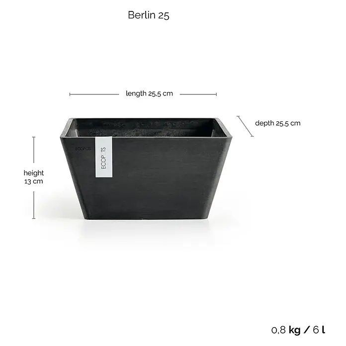 Ecopots Berlin Pflanzschale eckig - Außenmaß (L x B x H): 25,5 x 25,5 x 13 cm, Kunststoff, Dunkelgrau - Produktansicht des schwarzen ECOPOTS Berlin 25 Pflanzkübels mit Größenangaben zu Länge, Tiefe und Höhe sowie Gewichts- und Volumenangabe.