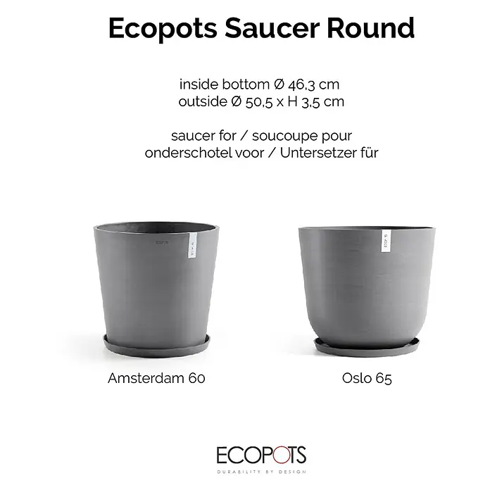 Ecopots Amsterdam Blumentopf-Untersetzer - Außenmaß (Ø x H): 49 x 3,5 cm, Kunststoff, Grau - Abbildung eines Ecopots Saucer Round, eines praktischen Untersetzers für Pflanzengefäße.
