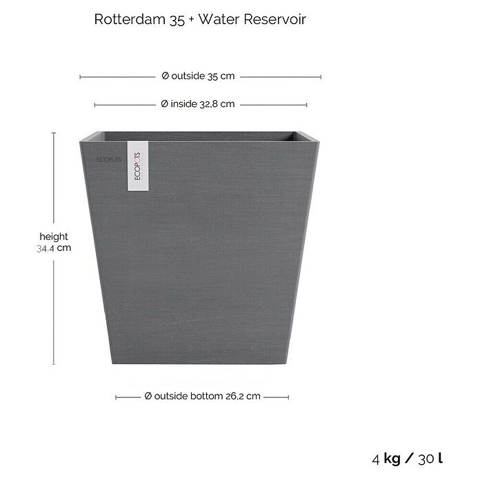Ecopots Rotterdam Pflanzkasten mit Wasserspeicher (Außenmaß (L x B x H): 35 x 35 x 34,4 cm, Kunststoff, Grau) | BAUHAUS