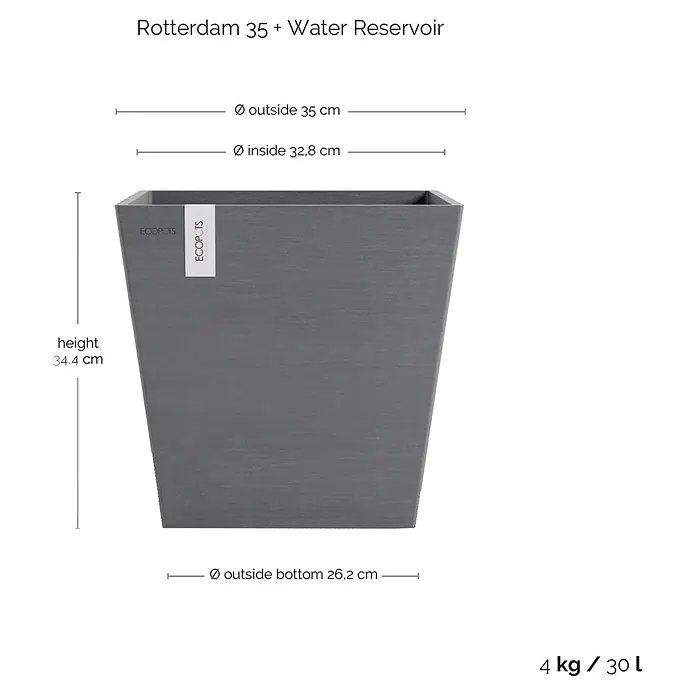 Ecopots Rotterdam Pflanzkasten mit Wasserspeicher - Außenmaß (L x B x H): 35 x 35 x 34,4 cm, Kunststoff, Grau - Bild eines grauen, quadratischen "Rotterdam 35"-Blumentopfs mit Wasserreservoir und Größenangaben zu Höhe und Durchmesser.