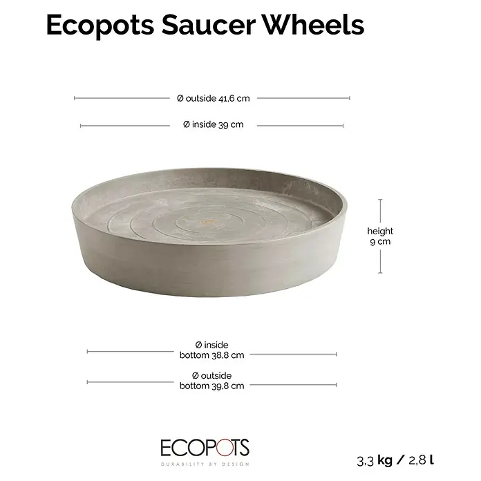 Ecopots Amsterdam Blumentopf-Untersetzer mit Rollen - Außenmaß (Ø x H): 41,6 x 9 cm, Kunststoff, Braungrau - Das Bild zeigt einen Ecopots Saucer Wheels Untersetzer in Grau mit Maßangaben zu Durchmesser und Höhe.