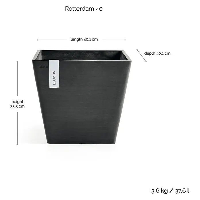Ecopots Rotterdam Pflanzkasten - Außenmaß (L x B x H): 40,1 x 40,1 x 35,5 cm, Kunststoff, Dunkelgrau - Abbildung eines quadratischen, anthrazitfarbenen Blumentopfs "Rotterdam 40" mit Größenangaben zu Höhe, Länge und Tiefe.