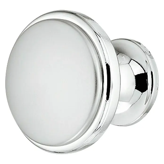 Häfele Pomo para muebles - Tipo de tirador del mueble: Botón, Ø x Al: 34 x 27 mm, Cromado, Mate - Primer plano de un tirador de armario redondo cromado con una inserción blanca lisa. Ideal para armarios y cajones.