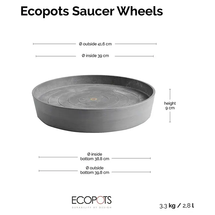 Ecopots Amsterdam Blumentopf-Untersetzer mit Rollen - Außenmaß (Ø x H): 41,6 x 9 cm, Kunststoff, Grau - Abbildung eines runden, grauen Ecopots Untersetzers mit Rad, der die Maße Durchmesser außen 41,6 cm, Durchmesser innen 39 cm und eine Höhe von 9 cm hat.