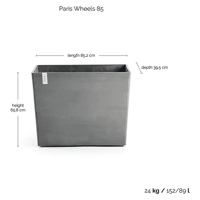 Ecopots Pflanzkasten Paris - Außenmaß (L x B x H): 85,2 x 39,5 x 65,8 cm, Kunststoff, Grau, Ausstattung Pflanzgefäß: Rollen - Abgebildet ist ein rechteckiger, grauer Pflanzenkübel "Paris Wheels 85" mit den Maßen 85,2 cm Länge, 39,5 cm Tiefe und 65,8 cm Höhe.
