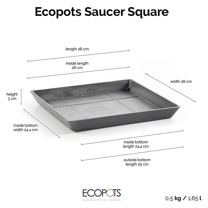 Ecopots Rotterdam Kasten-Untersetzer - 26 x 24,4 x 3 cm, Kunststoff, Grau - Abgebildet ist eine graue quadratische Untertasse von Ecopots mit den Maßen 28 x 28 cm. Die Höhe der Untertasse beträgt 3 cm, das Gewicht beträgt 0,5 kg.