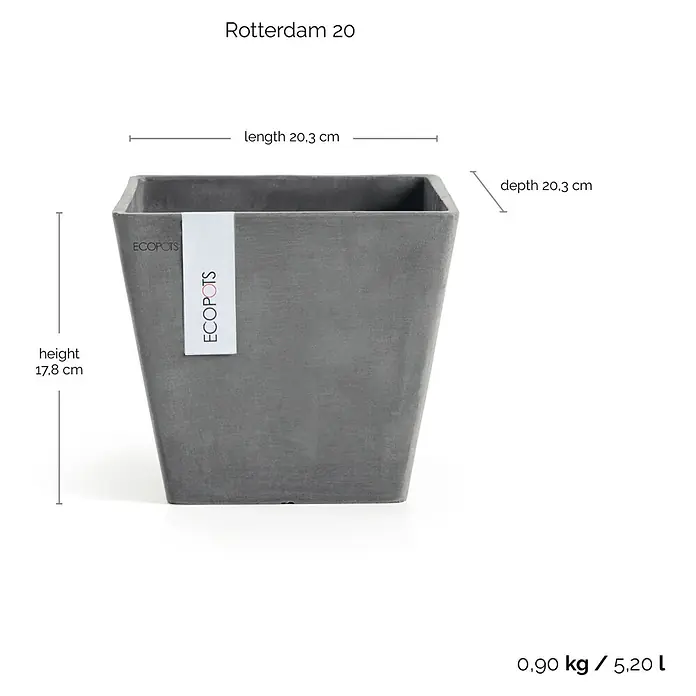 Ecopots Rotterdam Pflanzkasten - Außenmaß (L x B x H): 20,3 x 20,3 x 17,8 cm, Kunststoff, Grau - Grauer "Rotterdam 20" Pflanztopf von ECOPOTS mit Größenangaben zu Länge, Tiefe und Höhe. Ideal für Zimmerpflanzen.