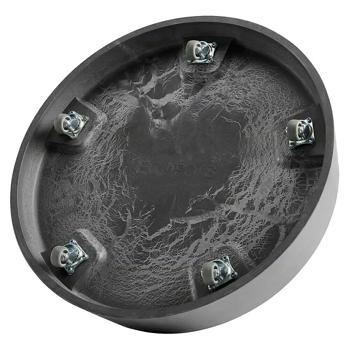 Ecopots Oslo Blumentopf-Untersetzer mit Rollen - Außenmaß (Ø x H): 41 x 9,5 cm, Kunststoff, Grau - Eine runde, graue Topfuntersetzer-Basis mit fünf Rollen, die eine einfache Bewegung von schweren Pflanzen ermöglicht.