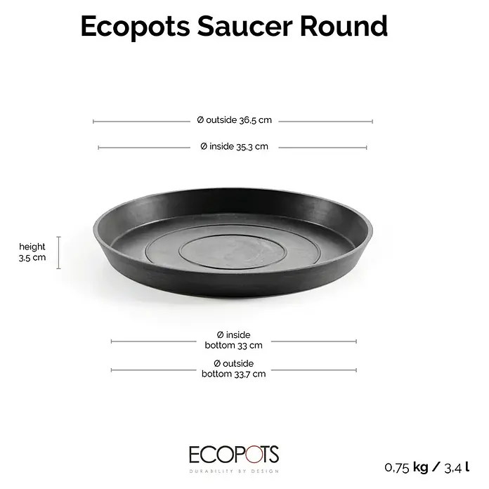 Ecopots Amsterdam Blumentopf-Untersetzer - Außenmaß (Ø x H): 35,3 x 3,5 cm, Kunststoff, Dunkelgrau - Produktbild: Schwarze Ecopots Untertasse Rund mit Größenangaben für den Innen- und Außendurchmesser, sowie der Höhe.