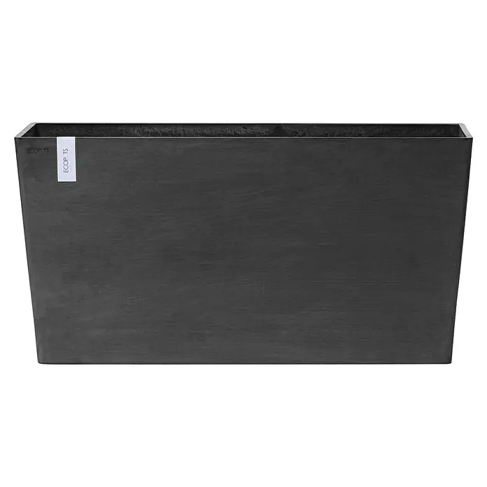 Ecopots Pflanzkasten Paris - Außenmaß (L x B x H): 100,5 x 39,6 x 51,8 cm, Kunststoff, Dunkelgrau, Ausstattung Pflanzgefäß: Rollen - Ein rechteckiger, grauer Pflanzkübel von Ecopots mit einer dezenten Oberflächenstruktur und einem weißen Markenetikett.
