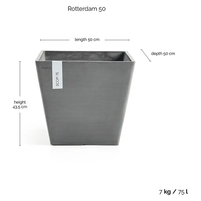 Ecopots Rotterdam Pflanzkasten - Außenmaß (L x B x H): 50 x 50 x 43,5 cm, Kunststoff, Grau - Ein grauer "Rotterdam 50" Pflanztopf von Ecopots mit den Maßen Länge 50cm, Tiefe 50cm und Höhe 43,5cm, Gewicht 7 kg und Volumen 75 l.