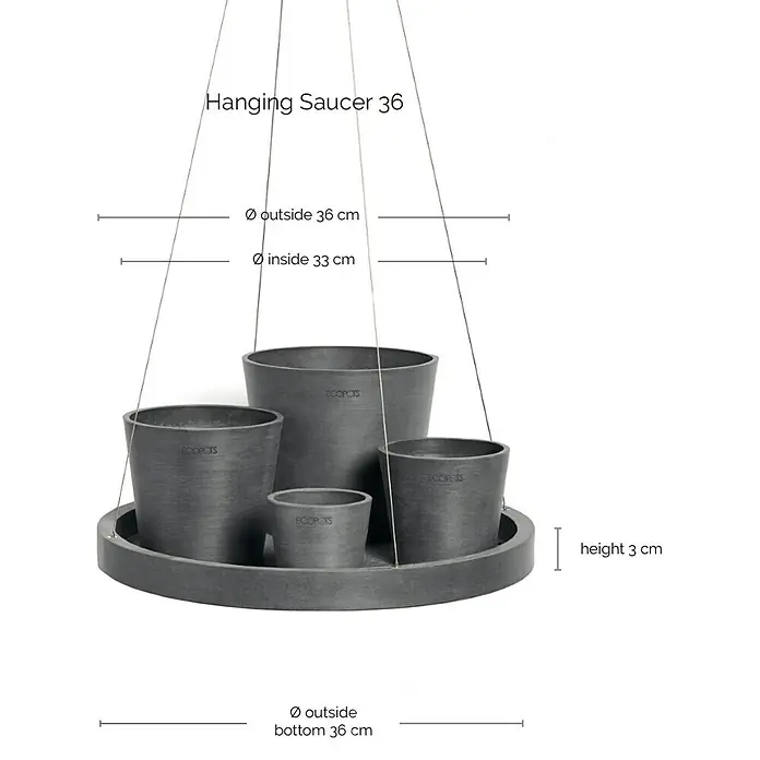 Ecopots Blumenampel - Außenmaß (Ø x H): 36 x 3 cm, Kunststoff, Grau - Eine hängende Ecopots Untertasse 36 mit vier Töpfen in verschiedenen Größen. Das Arrangement ist modern und stilvoll.