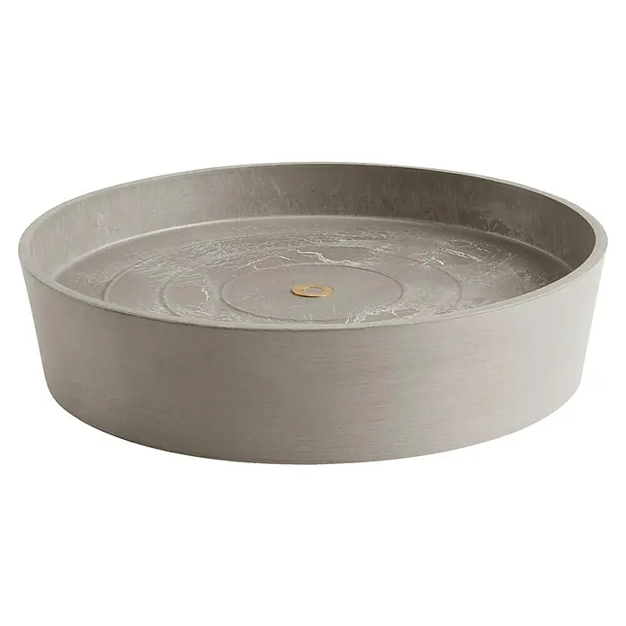 Ecopots Amsterdam Blumentopf-Untersetzer mit Rollen - Außenmaß (Ø x H): 34,1 x 9 cm, Kunststoff, Braungrau - Nahaufnahme einer runden, modernen Betonspüle mit einem goldenen Ablauf. Das schlichte Design verleiht jedem Badezimmer einen Hauch von Eleganz.