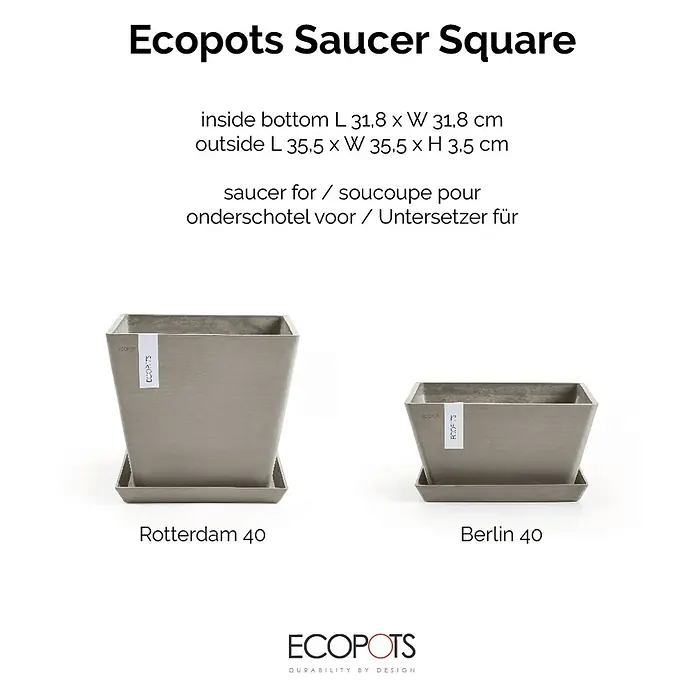 Ecopots Rotterdam Kasten-Untersetzer - 34,2 x 31,8 x 3,5 cm, Kunststoff, Braungrau - Zwei Ecopots Untersetzer Square, Modell Rotterdam 40 und Berlin 40, aus der Ecopots Kollektion, sind auf dem Bild zu sehen.