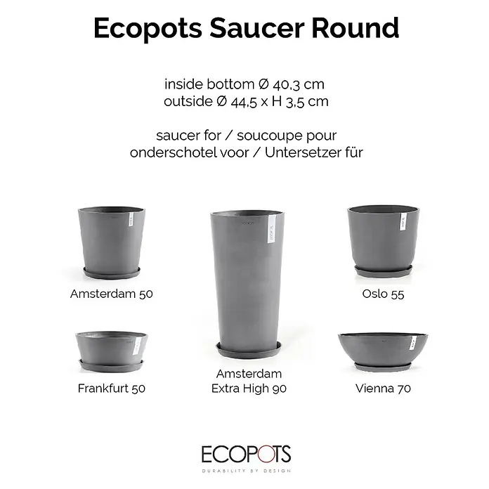 Ecopots Amsterdam Blumentopf-Untersetzer - Außenmaß (Ø x H): 43 x 3,5 cm, Kunststoff, Grau - Abbildung eines Ecopots Saucer Round, einem runden Untersetzer für Blumentöpfe in verschiedenen Größen und Ausführungen.