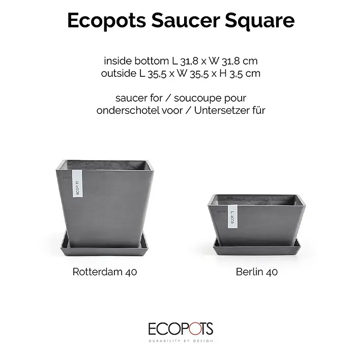 Ecopots Rotterdam Kasten-Untersetzer - 34,2 x 31,8 x 3,5 cm, Kunststoff, Grau - Produktbild: Zwei Ecopots Untersetzer Square, Modelle Rotterdam 40 und Berlin 40, für den Innen- und Außenbereich.