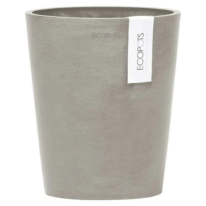 Ecopots Orchideentopf Morinda - Außenmaß (Ø x H): 17,1 x 19,5 cm, Kunststoff, Braungrau - Grauer Pflanztopf von Ecopots mit dem Logo und dem Anhänger der Marke. Der Topf ist zylinderförmig und leicht konisch.