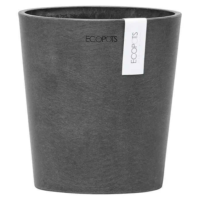 Ecopots Orchideentopf Morinda - Außenmaß (Ø x H): 14 x 15 cm, Kunststoff, Dunkelgrau - Nahaufnahme eines grauen Ecopots Pflanzgefäßes mit rechteckigem Etikett. Perfekt für Pflanzenliebhaber, die stilvolle und nachhaltige Behälter suchen.