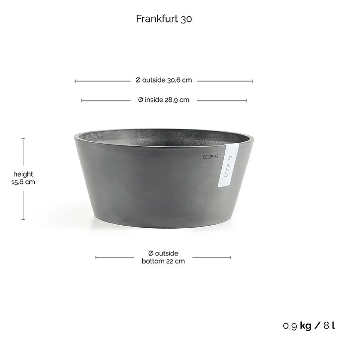Ecopots Pflanzschale rund Frankfurt - Außenmaß (Ø x H): 30,6 x 15,6 cm, Kunststoff, Grau - Abbildung eines grauen Frankfurt 30 Blumentopfes mit Maßangaben für Höhe, Durchmesser oben und unten und Gewichts-/Volumenangabe.