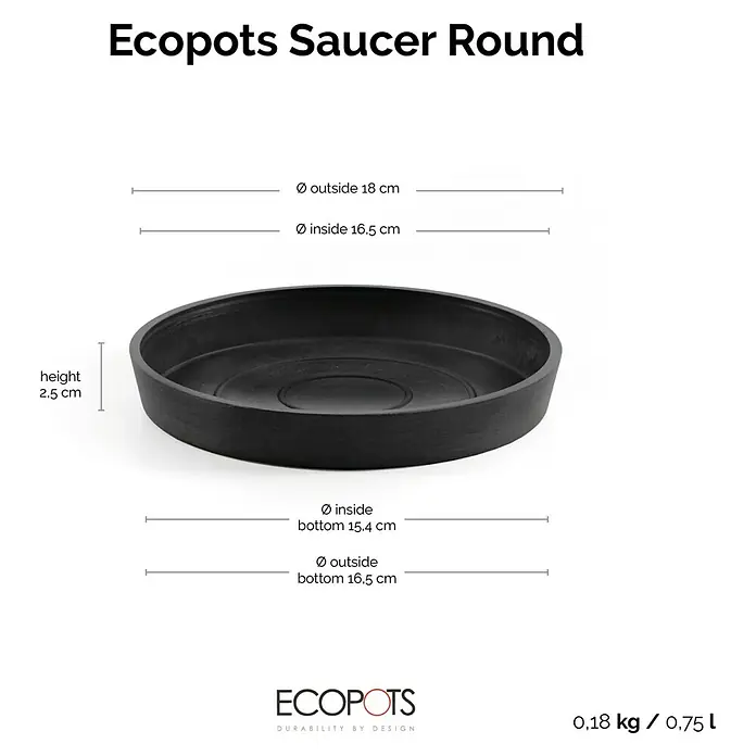 Ecopots Amsterdam Blumentopf-Untersetzer - Außenmaß (Ø x H): 16,5 x 2,5 cm, Kunststoff, Dunkelgrau - Schwarze Ecopots Untertasse Round mit Größenangaben. Die Untertasse ist robust und funktional designt für den Innen- und Außenbereich.