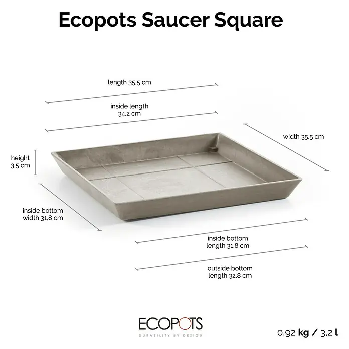 Ecopots Rotterdam Kasten-Untersetzer - 34,2 x 31,8 x 3,5 cm, Kunststoff, Braungrau - Abbildung eines eckigen Untersetzers von Ecopots mit Angabe der Maße.