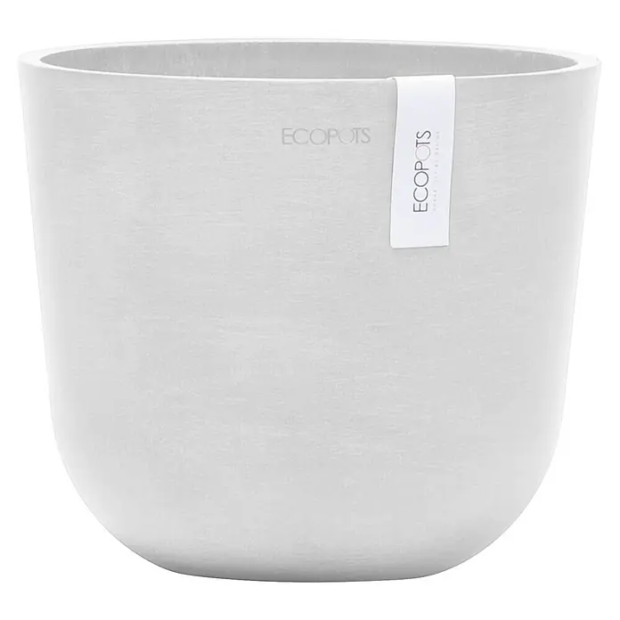 Ecopots Oslo Pflanztopf Mini - Außenmaß (Ø x H): 19 x 16,5 cm, Kunststoff, Weiß - Ein schlichter, grauer ECOPOTS Pflanztopf mit abgerundeten Formen und einem Markenetikett. Perfekt für moderne Innen- und Außenbereiche.