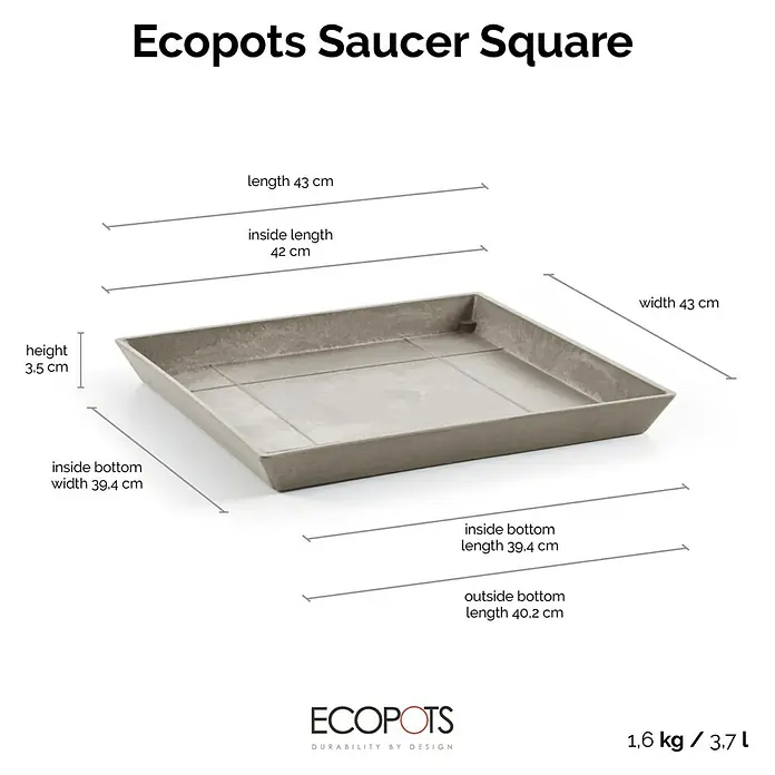 Ecopots Rotterdam Kasten-Untersetzer - 42 x 39,4 x 3,5 cm, Kunststoff, Braungrau - Abgebildet ist eine quadratische Untertasse von Ecopots, die sich ideal für Pflanzen eignet. Die Untertasse ist robust und hat eine graue Farbe.