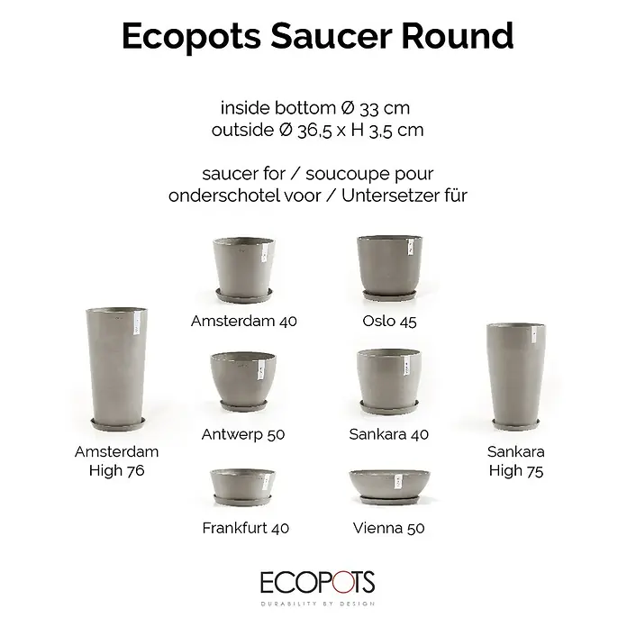 Ecopots Amsterdam Blumentopf-Untersetzer - Außenmaß (Ø x H): 35,5 x 3,5 cm, Kunststoff, Braungrau - Ecopots Untersetzer rund: Eine Auswahl verschiedener Größen und Designs, ideal für den Schutz von Oberflächen und zur Ergänzung Ihrer Pflanzgefäße.