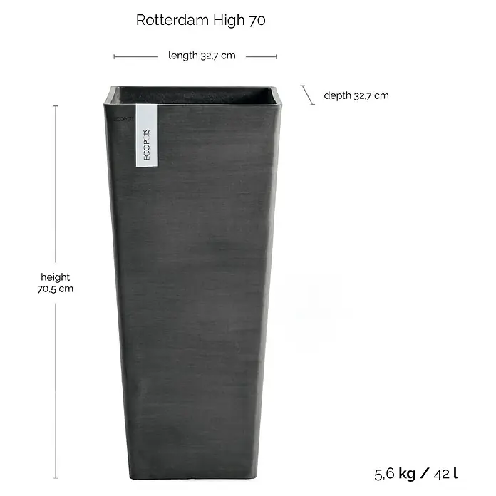 Ecopots Rotterdam Pflanzsäule eckig - Außenmaß (L x B x H): 32,7 x 32,7 x 70,5 cm, Kunststoff, Dunkelgrau - Bild einer hohen, anthrazitfarbenen Pflanzsäule "Rotterdam High 70" mit Maßangaben zu Höhe, Länge und Tiefe sowie Gewichts- und Volumenangabe.