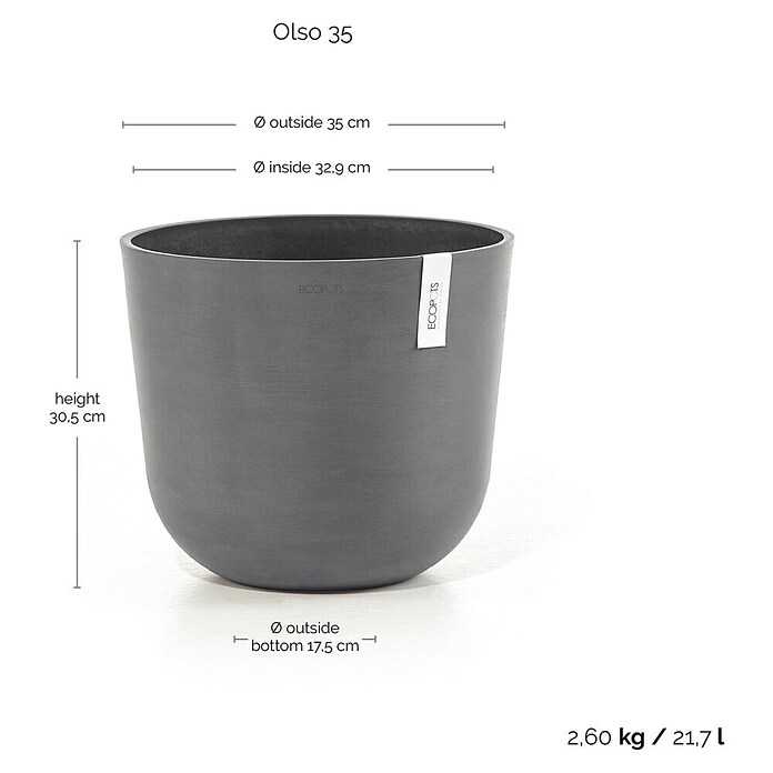Ecopots Oslo Pflanztopf (Außenmaß (Ø x H): 35 x 30,5 cm, Kunststoff, Grau) | BAUHAUS