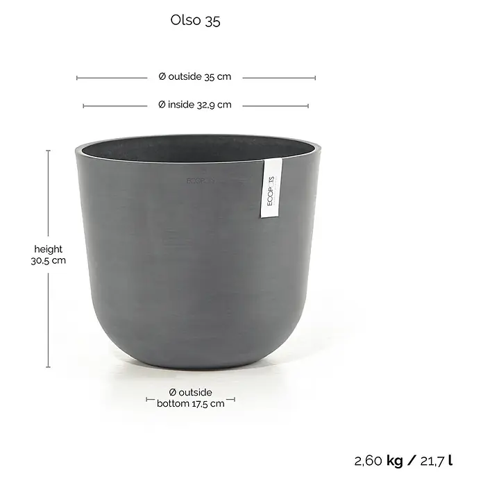 Ecopots Oslo Pflanztopf - Außenmaß (Ø x H): 35 x 30,5 cm, Kunststoff, Grau - Abbildung eines grauen "Olso 35" Pflanzgefäßes mit Maßangaben zu Höhe, Durchmesser oben und unten sowie Gewicht und Volumen.