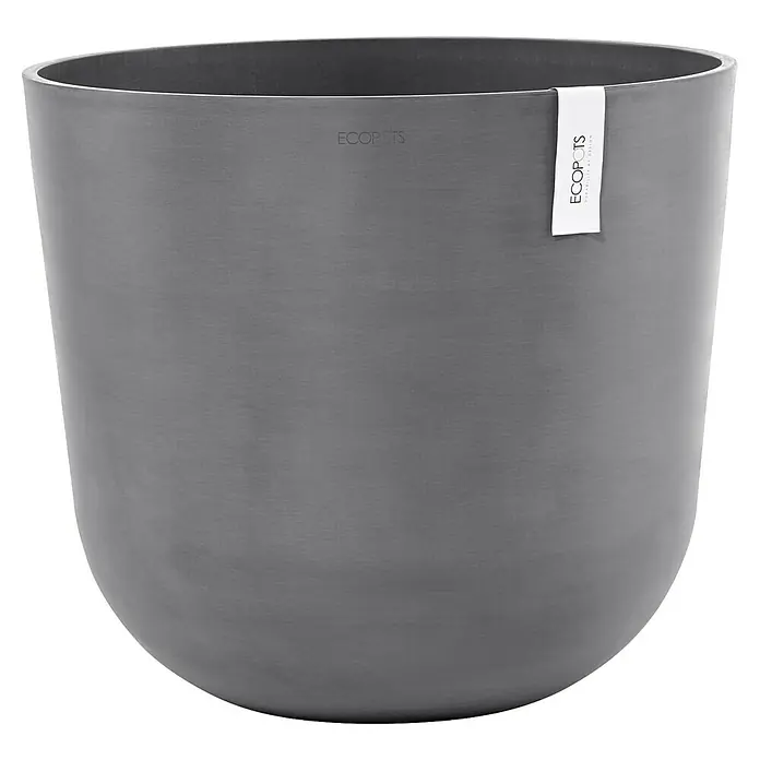Ecopots Oslo Pflanztopf mit Wasserspeicher - Außenmaß (Ø x H): 55 x 48,5 cm, Kunststoff, Grau - Grauer Ecopots Topf mit einem kleinen Etikett, ideal für Pflanzen und zur Dekoration von Innenräumen.