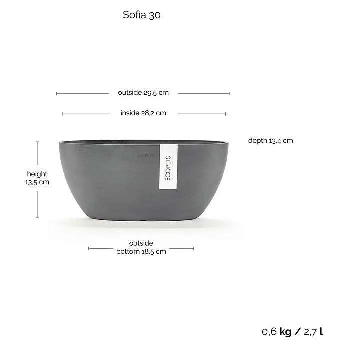 Ecopots Sofia Pflanzschale rund Oval - Grau - Abbildung eines grauen Pflanzgefäßes "Sofia 30" mit den Maßangaben Höhe 13,5 cm, Tiefe 13,4 cm, Außendurchmesser 29,5 cm und Innendurchmesser 28,2 cm.