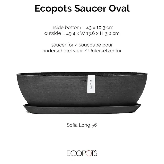 Ecopots Sofia Blumentopf-Untersetzer Lang - Außenmaß (L x B x H): 48,4 x 10,3 x 3 cm, Kunststoff, Dunkelgrau - Abgebildet ist der Ecopots Saucer Oval, eine stilvolle, ovale Untertasse für Pflanzgefäße, ideal für den Innen- und Außenbereich.