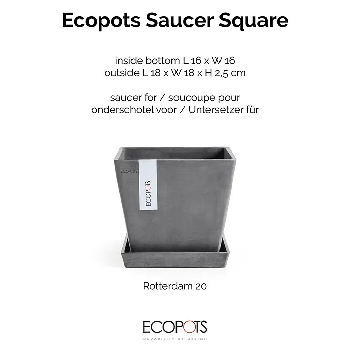 Ecopots Rotterdam Kasten-Untersetzer - 16,5 x 16 x 2,5 cm, Kunststoff, Grau - Ecopots Untersetzer Square: Quadratischer Untersetzer aus der Rotterdam-Serie. Erhältlich in verschiedenen Größen, passend zu Ecopots Pflanzgefäßen.