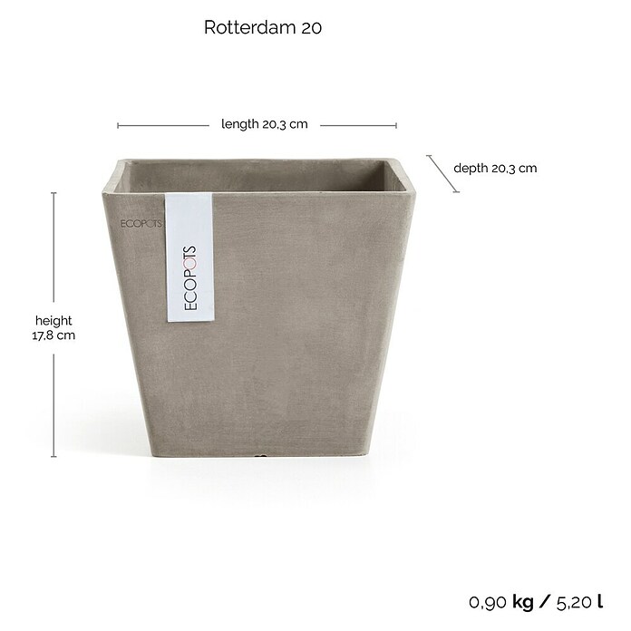 Ecopots Rotterdam Pflanzkasten (Außenmaß (L x B x H): 20,3 x 20,3 x 17,8 cm, Kunststoff, Braungrau) | BAUHAUS